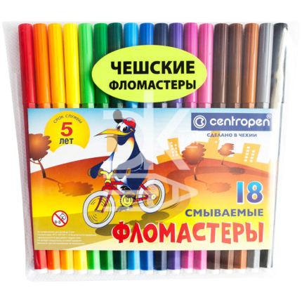 Фломастеры Centropen "Пингвины", 18цв., смываемые, ПВХ