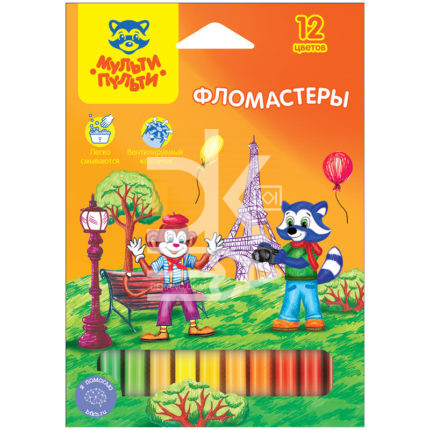 Фломастеры Мульти-Пульти, "Енот во Франции", 12цв., смываемые, картон, европодвес