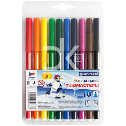 Фломастеры Centropen "Washable", 10цв., смываемые, блистер
