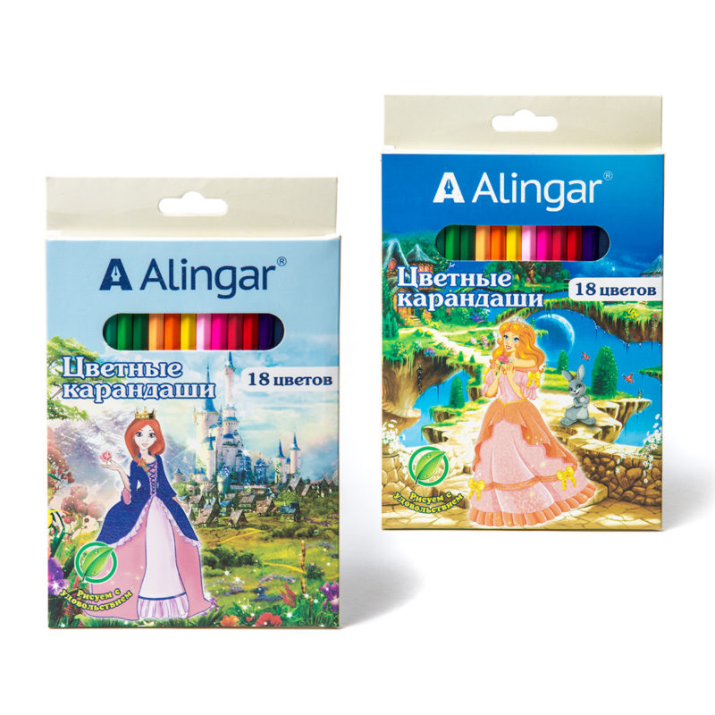 Карандаши цветные Alingar "Принцессы", 18цв., шестигранный, заточен., картон