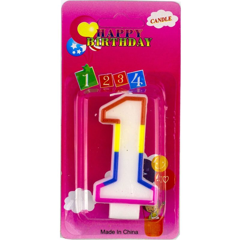 Свеча для торта с держателем Alingar, 7,0 см, "Цифра 1", белый цвет, цветная окантовка, блистер