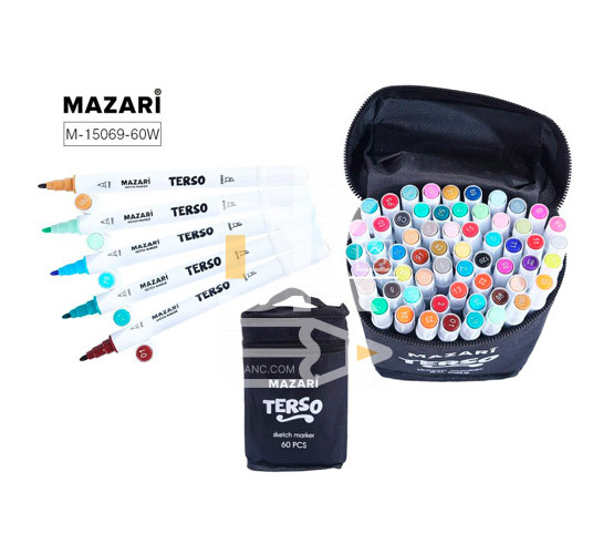Набор двухсторонних скетчмаркеров Mazari TERSO BLACK, 60цв., пиш.узлы 1.0-3,0мм, текстильный чехол Набор двухсторонних скетчмаркеров Mazari TERSO BLACK, 60цв., пиш.узлы 1.0-3,0мм, текстильный чехол