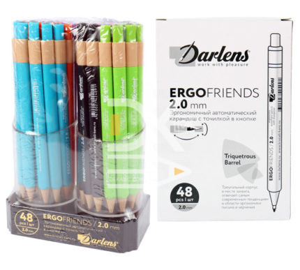 Карандаш механический Darlens 2мм HB "ErgoFriends" с точилкой в ассорт., в блистере