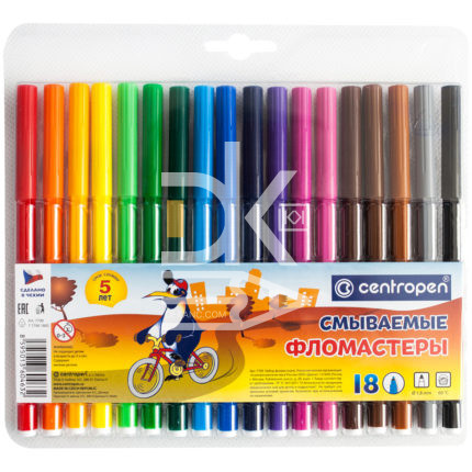 Фломастеры Centropen "Washable", 18цв., смываемые, блистер