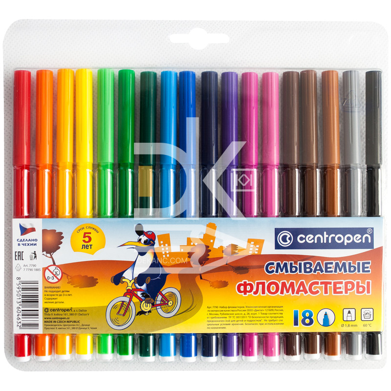 Фломастеры Centropen "Washable", 18цв., смываемые, блистер Фломастеры Centropen "Washable", 18цв., смываемые, блистер