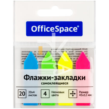 Закладки самоклеящиеся OfficeSpace, 45*12мм, 20л*4 неоновых цветов, прямоуг.