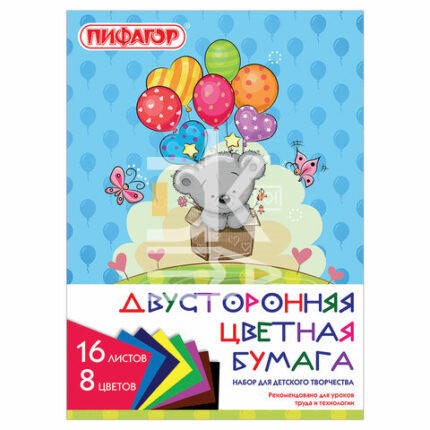 Цветная бумага двусторонняя A4, Пифагор "Мишутка" 16л, 8цв, газетная