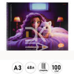 Альбом для рисования 48л., ф. А3, на гребне Проф-Пресс " Девушка и милый кот", жесткая подложка