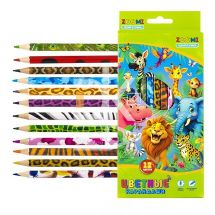 Карандаши цветные ZOOMI, 12цв., "ZOO. Джунгли", шестигранные, заточен., картон