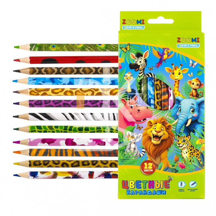 Карандаши цветные ZOOMI, 12цв., "ZOO. Джунгли", шестигранные, заточен., картон Карандаши цветные ZOOMI, 12цв., "ZOO. Джунгли", шестигранные, заточен., картон