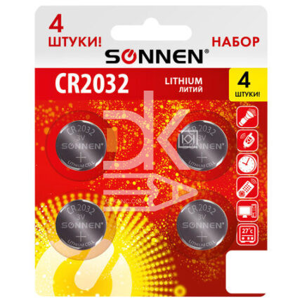 Батарейка SONNEN  CR2032 литиевая, 3B, блистер, КОМПЛЕКТ 4 шт.