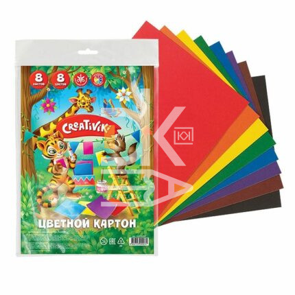 Картон цветной A4, Creativiki, 8л., 8цв., немелованный, в пакете