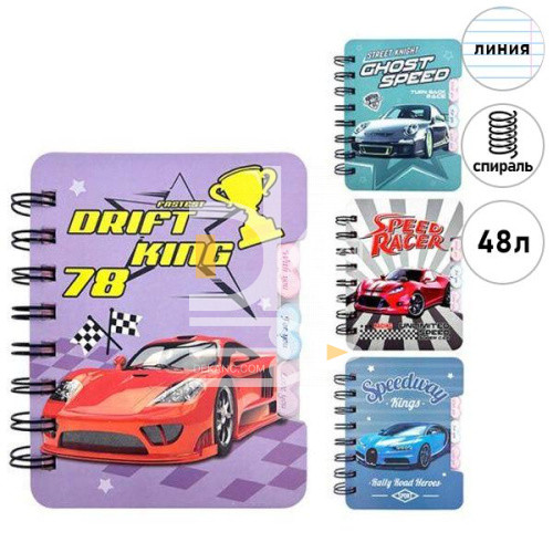 Блокнот, KWELT А6+, 95*120мм 48л., обл. тверд., лин. на гребне, разделители, "Sports cars" Блокнот, KWELT А6+, 95*120мм 48л., обл. тверд., лин. на гребне, разделители, "Sports cars"
