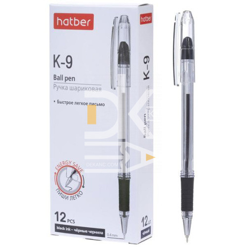 Ручка шариковая Hatber "К-9" черная, 0,4мм, грип, на масляной основе 1/12